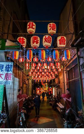 Yunlin, Taiwan - Feb 12th, 2020: lantern festival with lamps hanging at street in Beigang township, Yunlin county, Taiwan, Asia