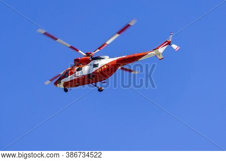 Tatra Mountains, Poland, September 9, 2020. Helicopter Topr Mountain Rescue Service In The High Tatr