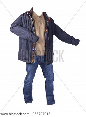 Dark Blue Jacket, Beige Shirt And Blue Jeans Isolated On White Background. Casual Fashion Clothes