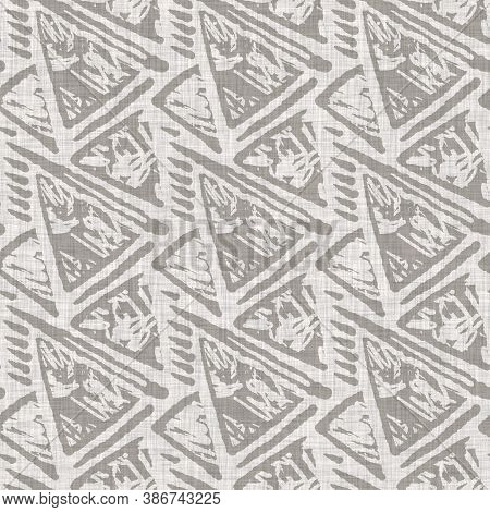 French Woven Linen Texture Geometric Shape Background. Old Ecru Flax Grey Geo Motif Seamless Pattern