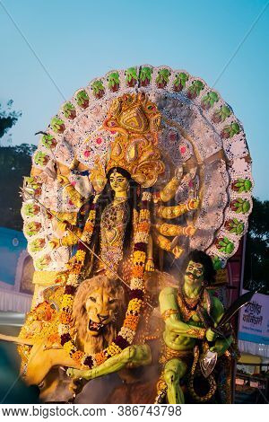 Kolkata, West Bengal, India, October 11, 2019 : Durga Pooja In Calcutta. Goddess Durga Idol At Puja 
