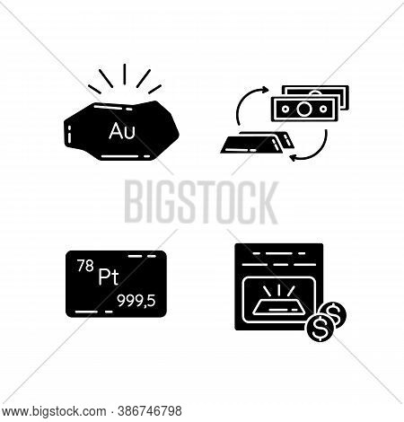 Income From Metal Trade Black Glyph Icons Set On White Space. Golden Nugget. Platinum Bullion. Unall