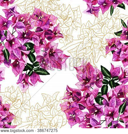 Seamless Pattern With Flowers Of Bougainvillea. Hand Drawn Watercolor Illustration. Good Design For 