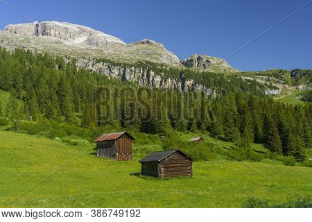 Mountain Landscape At Summer Along The Road To Campolongo Pass, Dolomites, Bolzano Province, Trentin