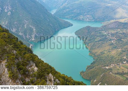 Tara National Park, Serbia. Viewpoint Banjska Stena. View At Drina River Canyon And Lake Perucac