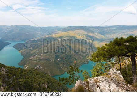 Tara National Park, Serbia. Viewpoint Banjska Stena. View At Drina River Canyon And Lake Perucac