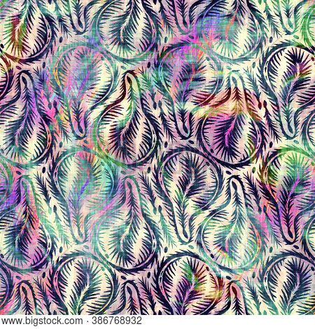 Blurry Rainbow Glitch Artistic Foliage Texture Background. Irregular Bleeding Watercolor Tie Dye Sea