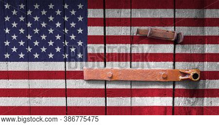 The U.s. Flag Is In Texture. Template. Coronavirus Pandemic. Countries Are Closed. Locks.