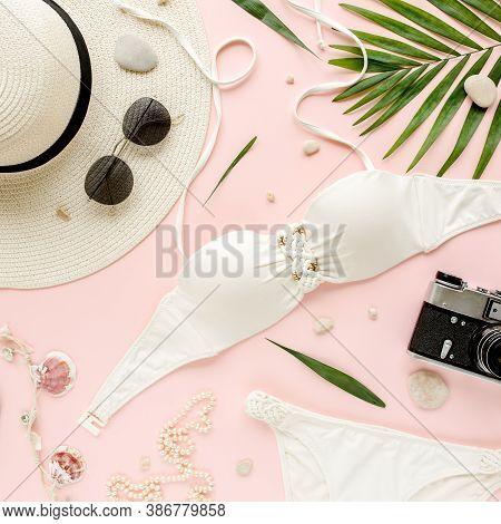 Traveler Accessories, Women Summer Bikini Set Swimsuit, Tropical Palm Leaf Branches On Pink Backgrou