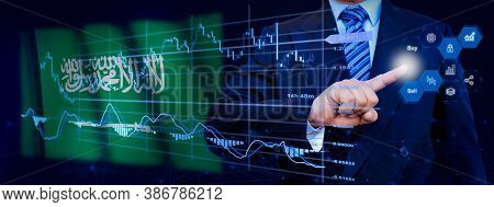 Businessman Touching Data Analytics Process System With Kpi Financial Charts, Dashboard Of Stock And
