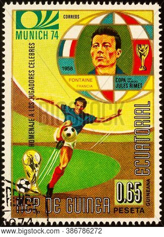 Moscow, Russia - September 23, 2020: Stamp Printed In Equatorial Guinea Shows French Footballer Just