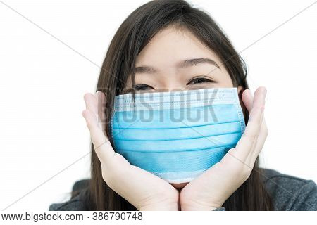 Woman Long Hair Wearing Protective Mask And Propping Up Chin With His Hands