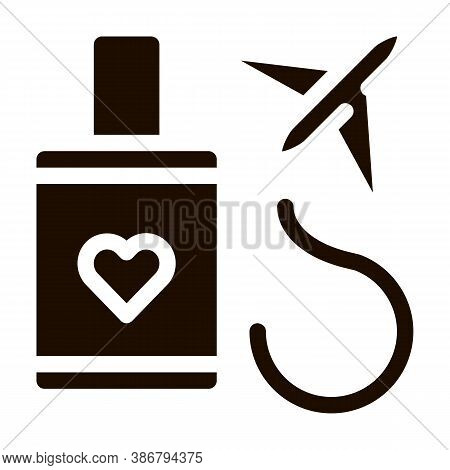 Valise And Airplane Honeymoon Trip Glyph Icon . Valise With Love Symbol Heart Pictogram. Party Prepa