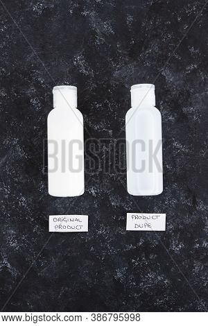 Imitations And Unfair Competition, Couple Of Body Lotion Bottles With Original Vs Dupe Product Label