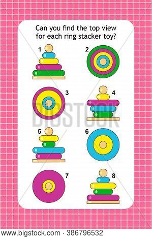 Visual Puzzle With Top View Of Colorful Ring Stacker Toys. Spacial Reasoning Skills Training.