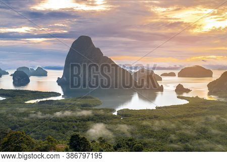 Samet Nangshe Viewpoint At Sunrise In Phang Nga, Thailand.