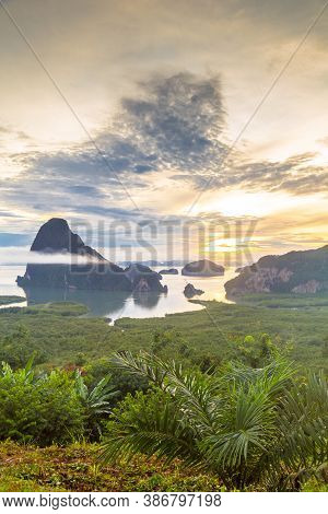 Samet Nangshe Viewpoint At Sunrise In Phang Nga, Thailand.