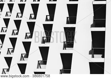 Beautiful Light And Shadow On Building Balconies Of The Vintage Hotel At The Summertime. Black And W