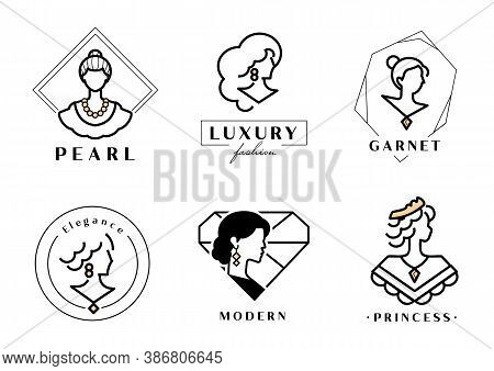 Luxury Woman Logo With Jewel,garnet,wavy Long Hair Woman With Earing,pearl And Short Hair Princess W