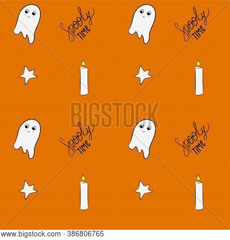 Sppoky Halloween Seamless Pattern With Ghosts Candles And Star