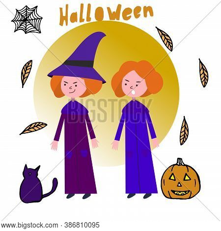 Little Girls In Witch Costumes For Halloween. Happy Halloween