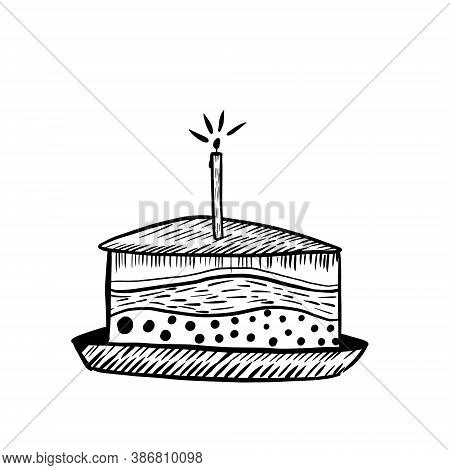 Graphic Illustration Of The Cake. A Piece Of Birthday Cake With A Candle In Black And White. Minimal