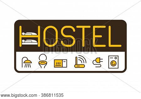 Hostel Logo For Reception Signboard  Banner With Facilities Pictogram Set - Shower, Wc, Microwave Ow