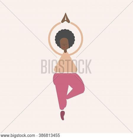 Woman In Vrikshasana Asana Yoga Tree Position. Body Positive African American Girl Stands On One Leg
