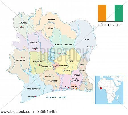 New Administrative Vector Map Of The African Republic Ivory Coast With Flag