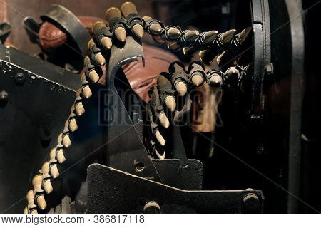 Twin Linked Belts Of 0.303 Machine Gun Cartridges In Rear Turret Of British World War Two Heavy Bomb