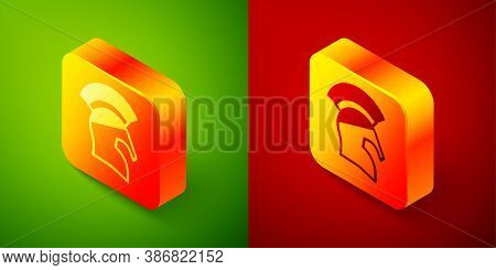 Isometric Greek Helmet Icon Isolated On Green And Red Background. Antiques Helmet For Head Protectio