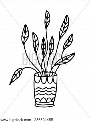 House Plant In A Pot Decorated With Ornaments. Leaves On Long Stems. Doodle Style. Hand Drawn Vector