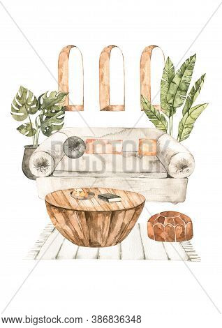 Watercolor Illustration Of Modern Interior With Sofa, Home Plants On Pots, Wooden Table And Arcs. Tr