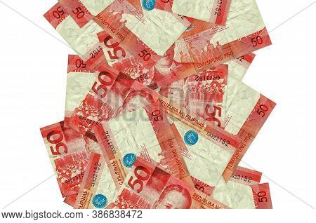 50 Philippine Piso Bills Flying Down Isolated On White. Many Banknotes Falling With White Copyspace 