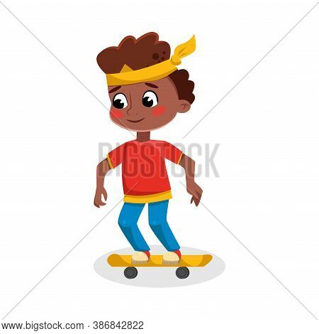 Cute Afrcian Amercian Boy Riding Skateboard, Active Healthy Lifestyle Concept Cartoon Style Vector I