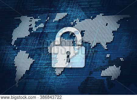 Security Symbol, Closed Padlock On Blue Background Of World Map In Schematic Digital Form With Progr