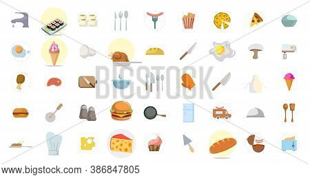 Food Flat Icon Set With Bread, Hamburger, Fast Food, Sushi, Ice Cream, Dish, Sausage, Kitchen, Pizza