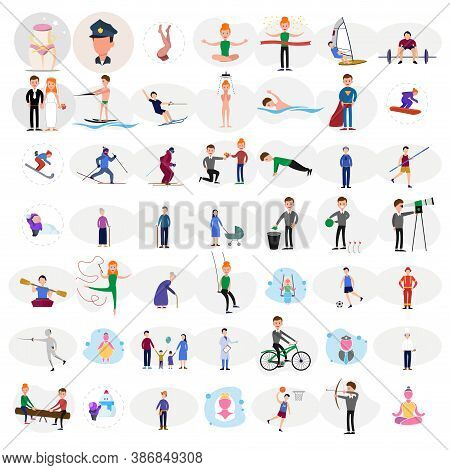 People Character Flat Icon Set With Doctor. Cyclotourism. Fireman, People, Gymnastics. Police