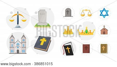 Religion Flat Icon Set With Holy Bible, Church, Grave, Libra