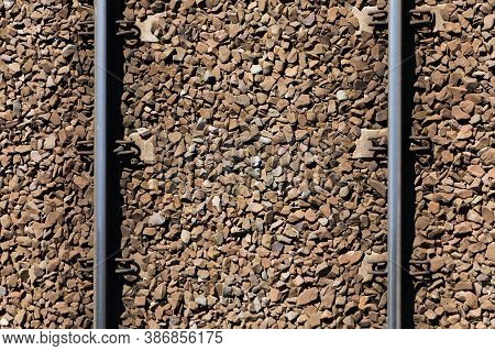 Railway Top View Background. Train Transport Industry. Rail Track Texture. Good And Cheap Way Of Tra