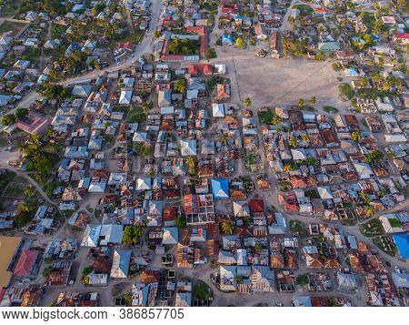 Aerial View On Township Poor Houses Favelas In Paje Village, Zanzibar, Tanzania, Africa