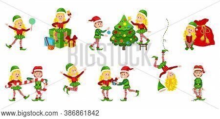 Christmas Elfs Kids Vector Children Santa Claus Helpers Cartoon Elfish Girls. Girl Elves With Green 
