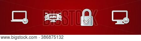 Set Laptop And Lock, Computer Api Interface, Lock Check Mark And On Monitor Icon. Vector