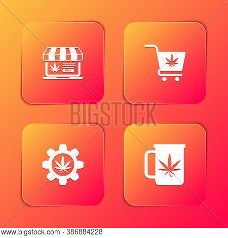 Set Online Buying Marijuana, Shopping Cart With, Test Tube And Cup Tea Icon. Vector