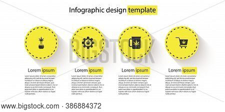 Set Test Tube With Marijuana, , Cup Tea And Shopping Cart. Business Infographic Template. Vector