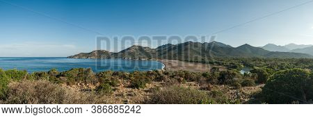 Panoramic View Of The Black Sands Of  Galéria Beach, Turquoise Mediterranean Sea And The Fango River