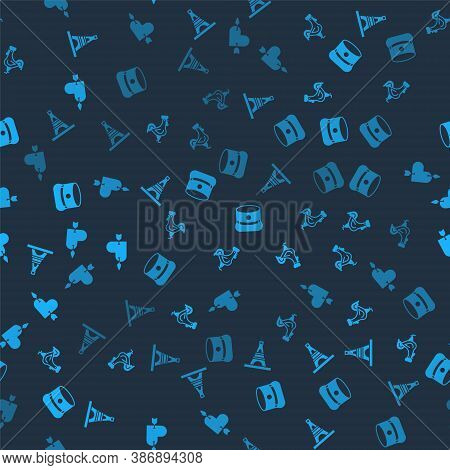 Set Eiffel Tower, French Rooster, Kepi And Amour With Heart And Arrow On Seamless Pattern. Vector