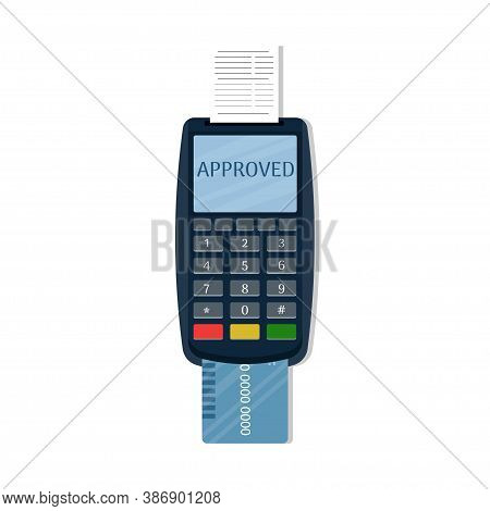 Payment Terminal With Paper Check And Plastic Bank Card. Pos Terminal For Payment. Card Reader Machi