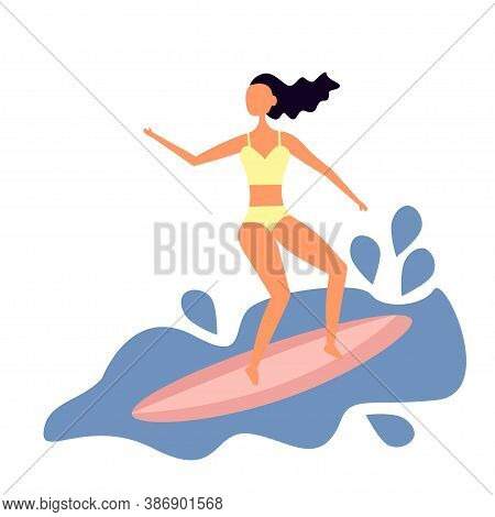 Yong Girl In Swimsuit Standing On Serfboard. Isolated Character In Vector Design. Trend Style, Flat,