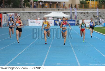 Istanbul, Turkey - September 13, 2020: Athletes Running 100 Metres During Balkan U20 Athletics Champ